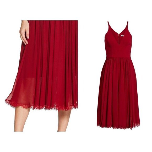 Dress the Population Alicia Mixed Media Midi Dress Color-Red Size/Large MSRP$198 - Picture 3 of 13